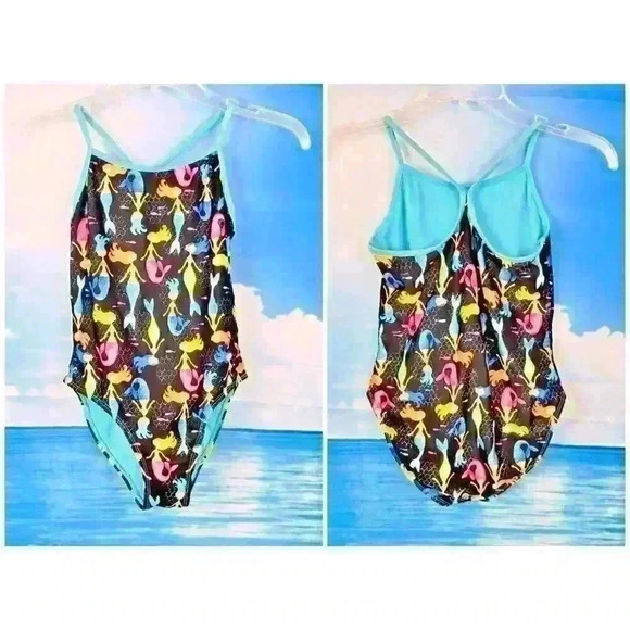 WONDER NATION Girl MERMAID Bathing Swim Suit BLACK One Piece LINED size Lg 10-12 - Picture 1 of 5